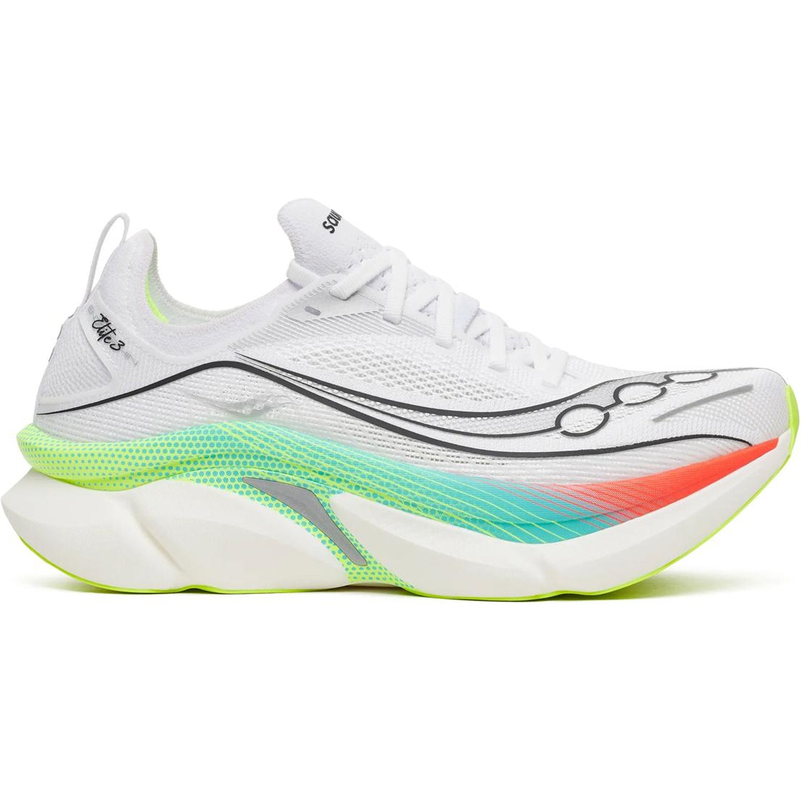 Saucony Endorphin Elite 3 Running Shoes White Multi outer side view showing 40mm dual-layer IncrediRUN foam with slotted carbon fibre plate for race day performance