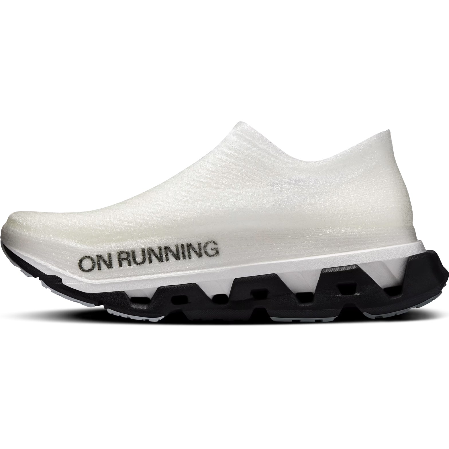 On Cloudmonster 3 Hyper LS women's running shoe in Black / Apollo — inner view showing black LightSpray™ seamless upper, apollo midsole detailing, Helion™ HF hyper foam top layer and Helion™ foam base layer construction