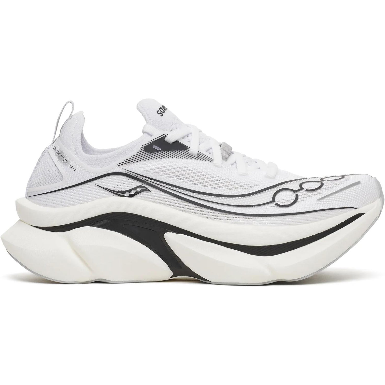 Saucony Endorphin Elite 3 Running Shoes White Black outer side view showing 40mm dual-layer IncrediRUN foam with slotted carbon fibre plate for race day performance