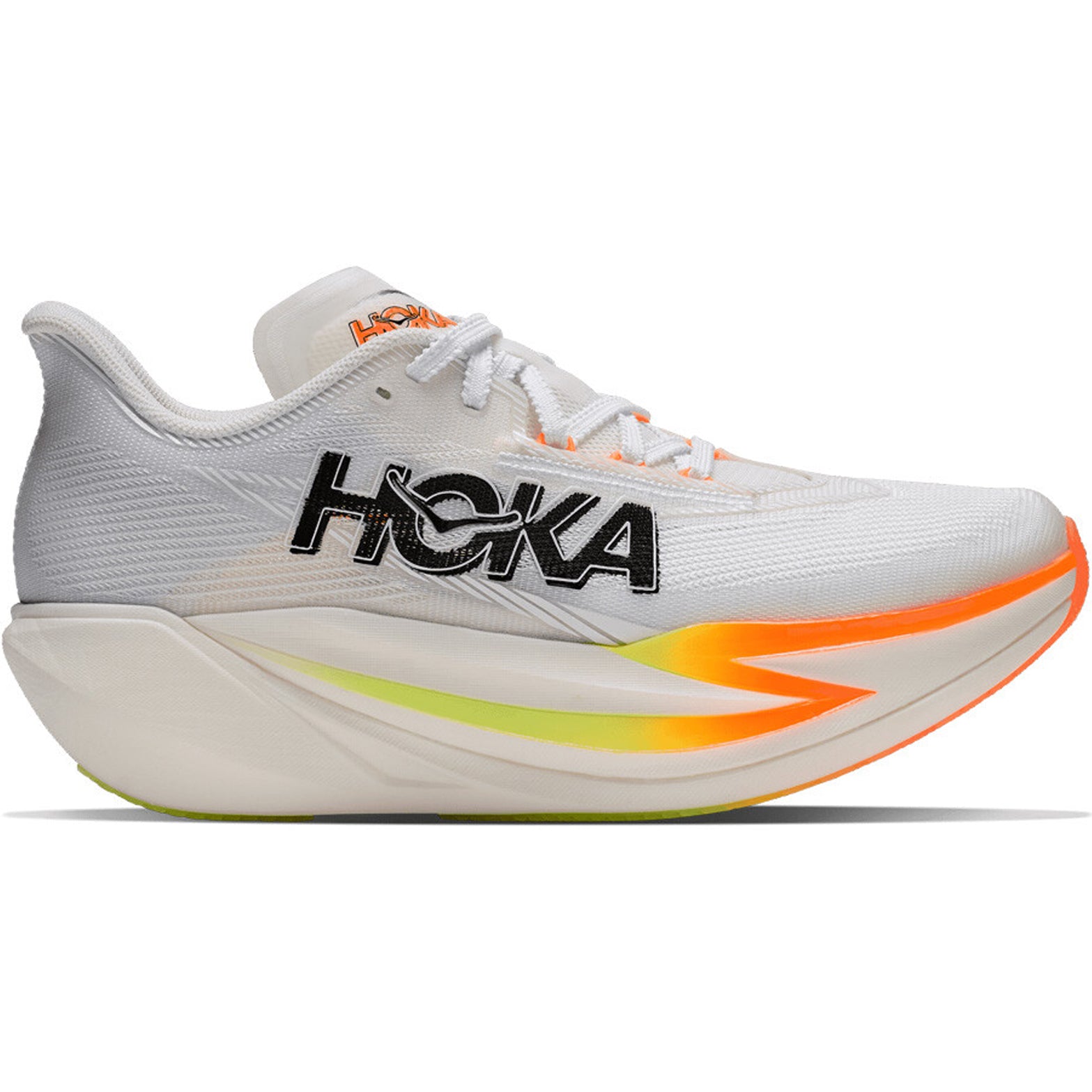 HOKA Cielo X1 3.0 Running Shoes Frost Black outer side view showing carbon fibre plate with dual-layer PEBA midsole and streamlined lightweight upper for elite road racing