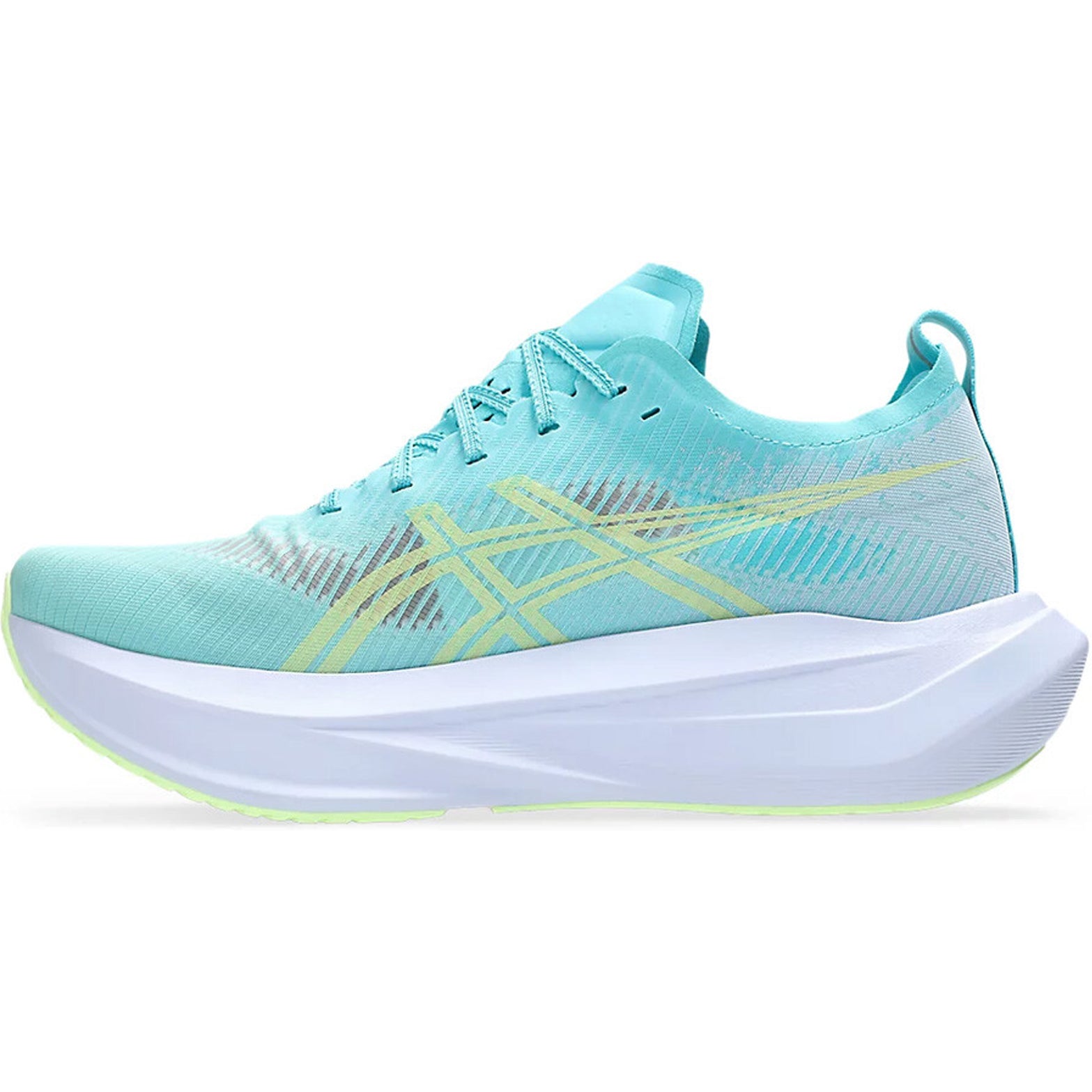 ASICS MEGABLAST running shoe in Energy Aqua / Blue Fade — inner view showing energy aqua translucent woven upper, blue fade midsole detailing, responsive cushioning and FF TURBO foam construction with energy return
