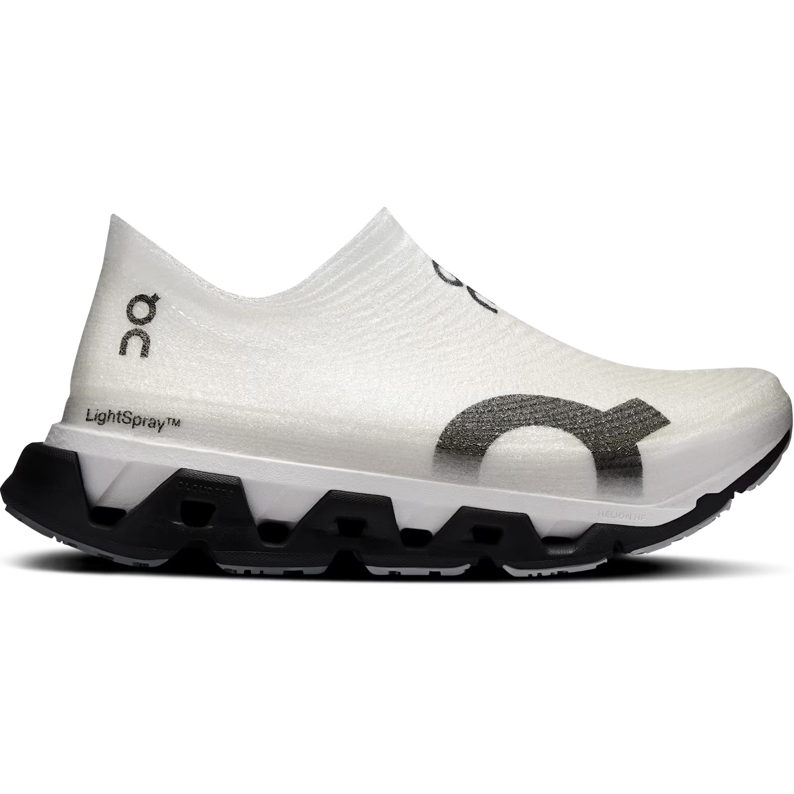 On Cloudmonster 3 Hyper LS women's running shoe in Black / Apollo — outer view showing black LightSpray™ seamless one-piece upper with apollo accent detailing and CloudTec® dual-layer Helion™ midsole profile