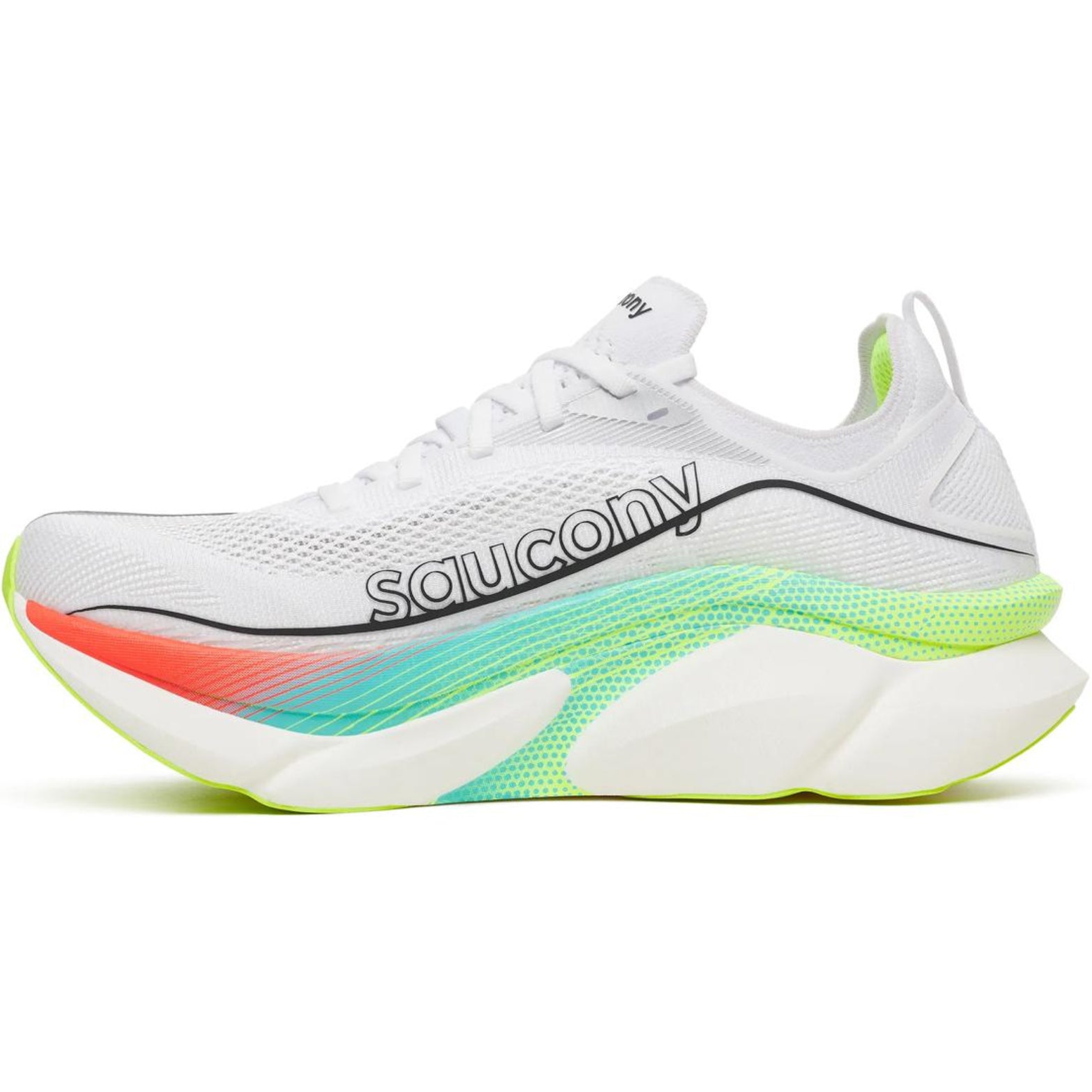 Saucony Endorphin Elite 3 Running Shoes White Multi inner side view showing dual-layer IncrediRUN foam with slotted carbon plate and enhanced SpeedRoll geometry for smoother race day transitions