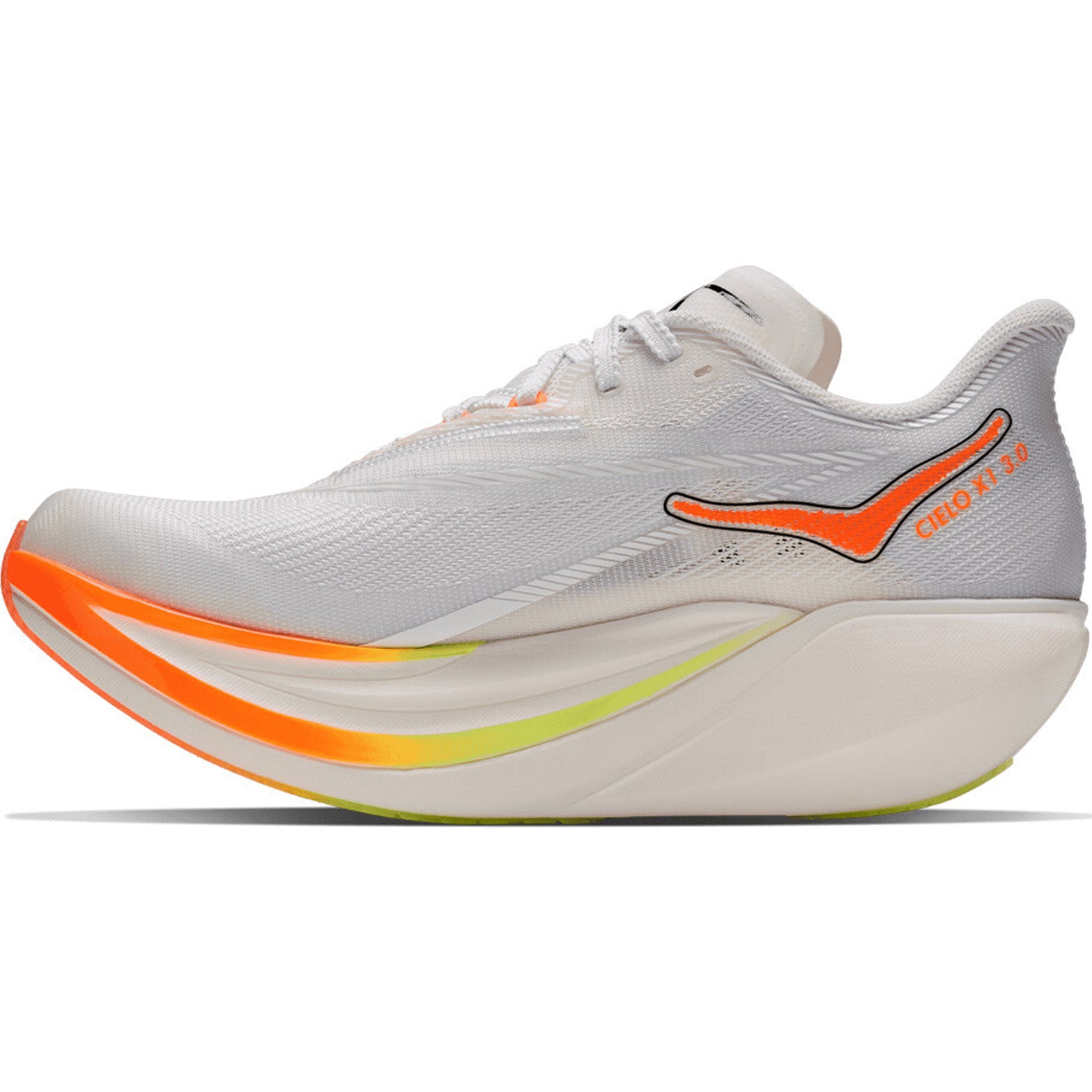HOKA Cielo X1 3.0 Running Shoes Frost Black inner side view showing asymmetrical lacing system with dual-layer PEBA foam and carbon plate for locked-in race day fit