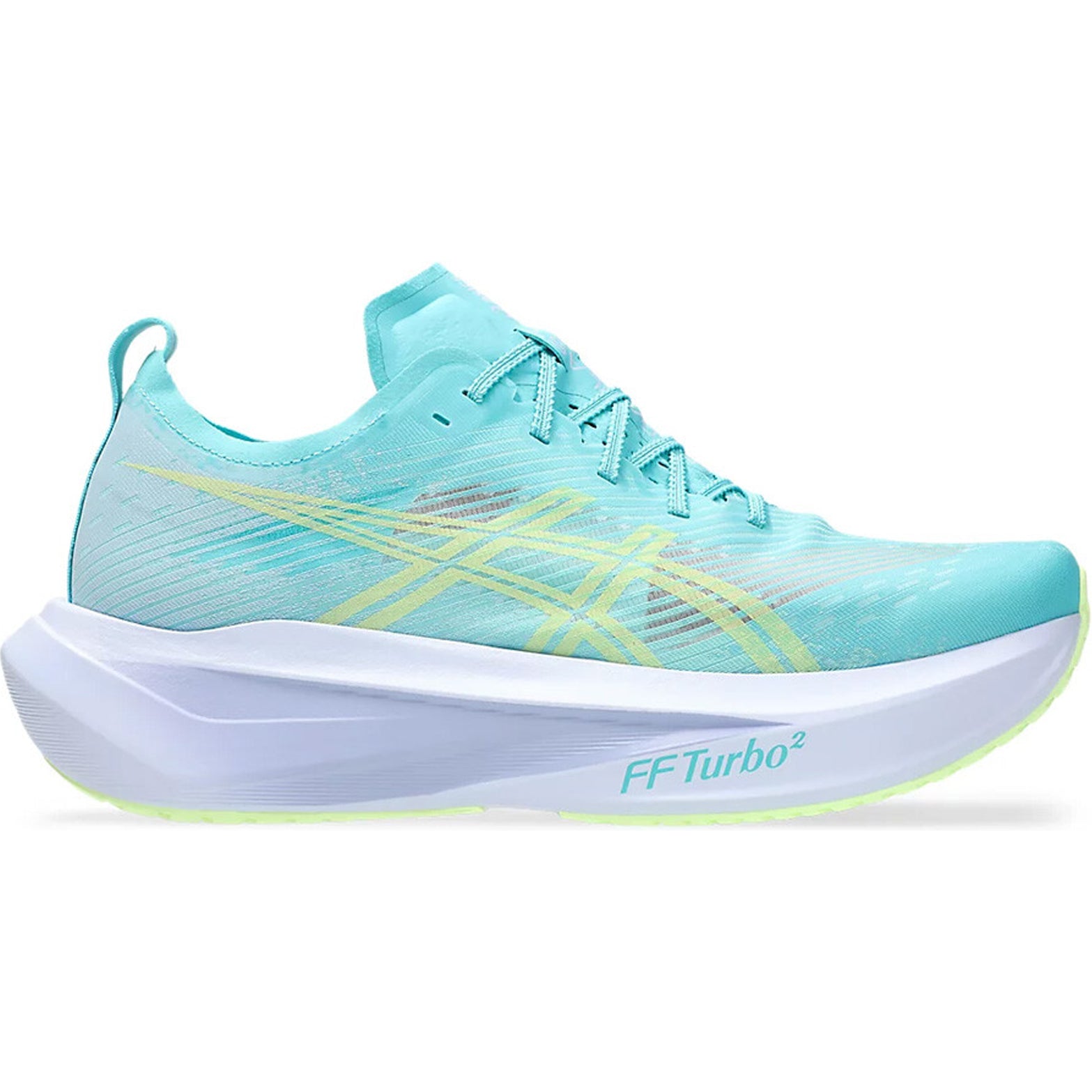ASICS MEGABLAST running shoe in Energy Aqua / Blue Fade — outer view showing energy aqua translucent woven upper with blue fade accent detailing and FF TURBO foam midsole profile