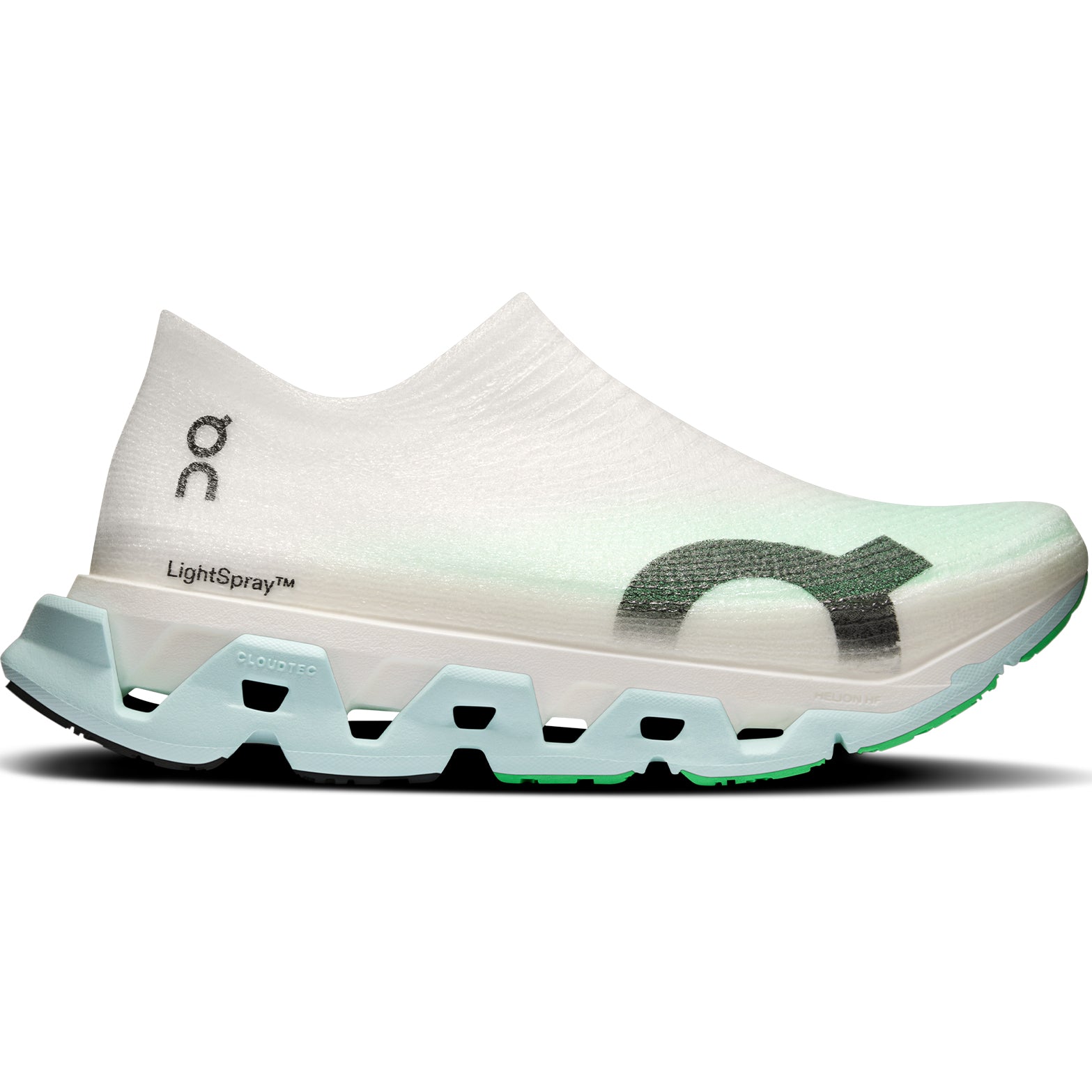On Cloudmonster 3 Hyper LS Flurry Verdite outer side view showing LightSpray seamless one-piece upper with CloudTec cushioning system for responsive long runs and tempo training