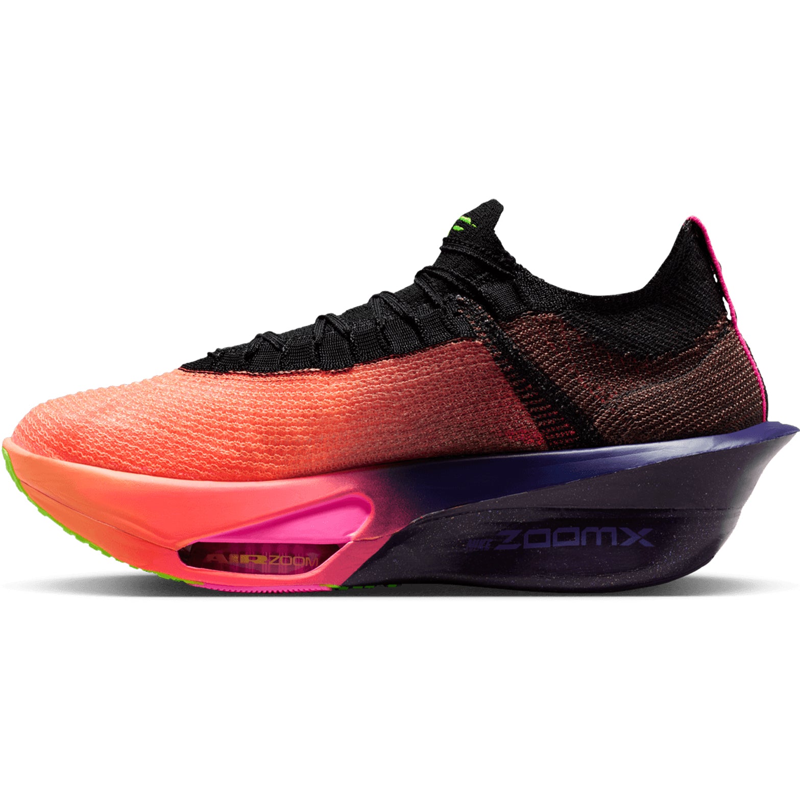 Nike Alphafly 3 GLAM men's running shoe in Orange Pulse / Purple Dynasty / Electric Green / Black — inner view showing orange pulse Atomknit upper, integrated knit tongue with lofted padding, electric green midsole detailing and carbon fiber plate construction