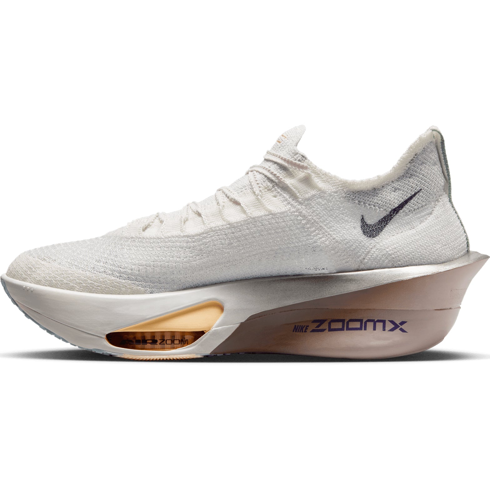 Men's Nike Alphafly 3 Running Shoes Platinum Tint Ocean Cube Purple Dynasty inner side view showing carbon plate with ZoomX cushioning and Air Zoom pods for race day performance