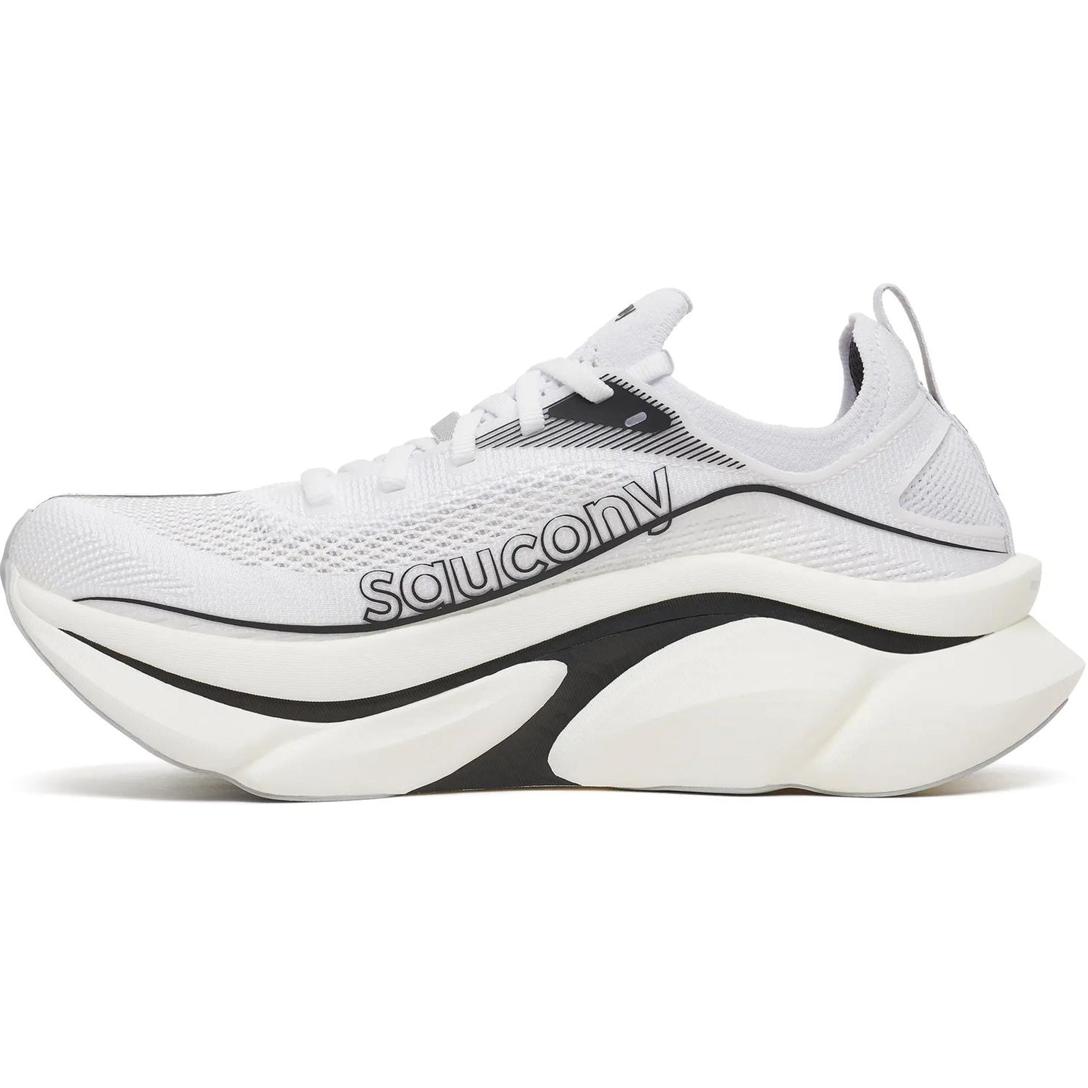 Saucony Endorphin Elite 3 Running Shoes White Black inner side view showing dual-layer IncrediRUN foam with slotted carbon plate and enhanced SpeedRoll geometry for smoother race day transitions