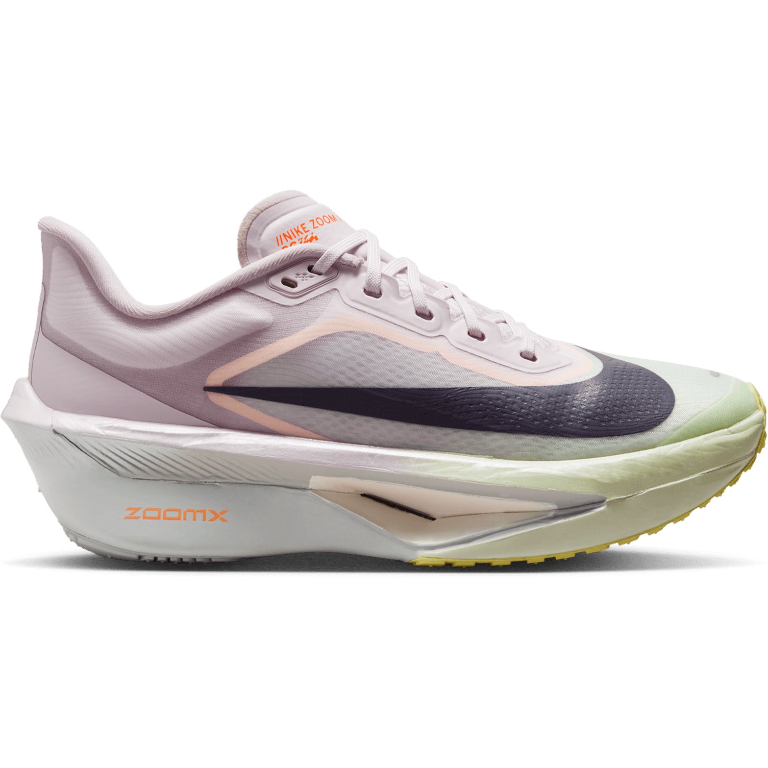 Nike Zoom Fly 6 women's running shoe in Bleached Lilac / Purple Dynasty / Volt Tint — outer view showing bleached lilac engineered mesh upper with purple dynasty and volt tint accent detailing and Zoom foam midsole profile