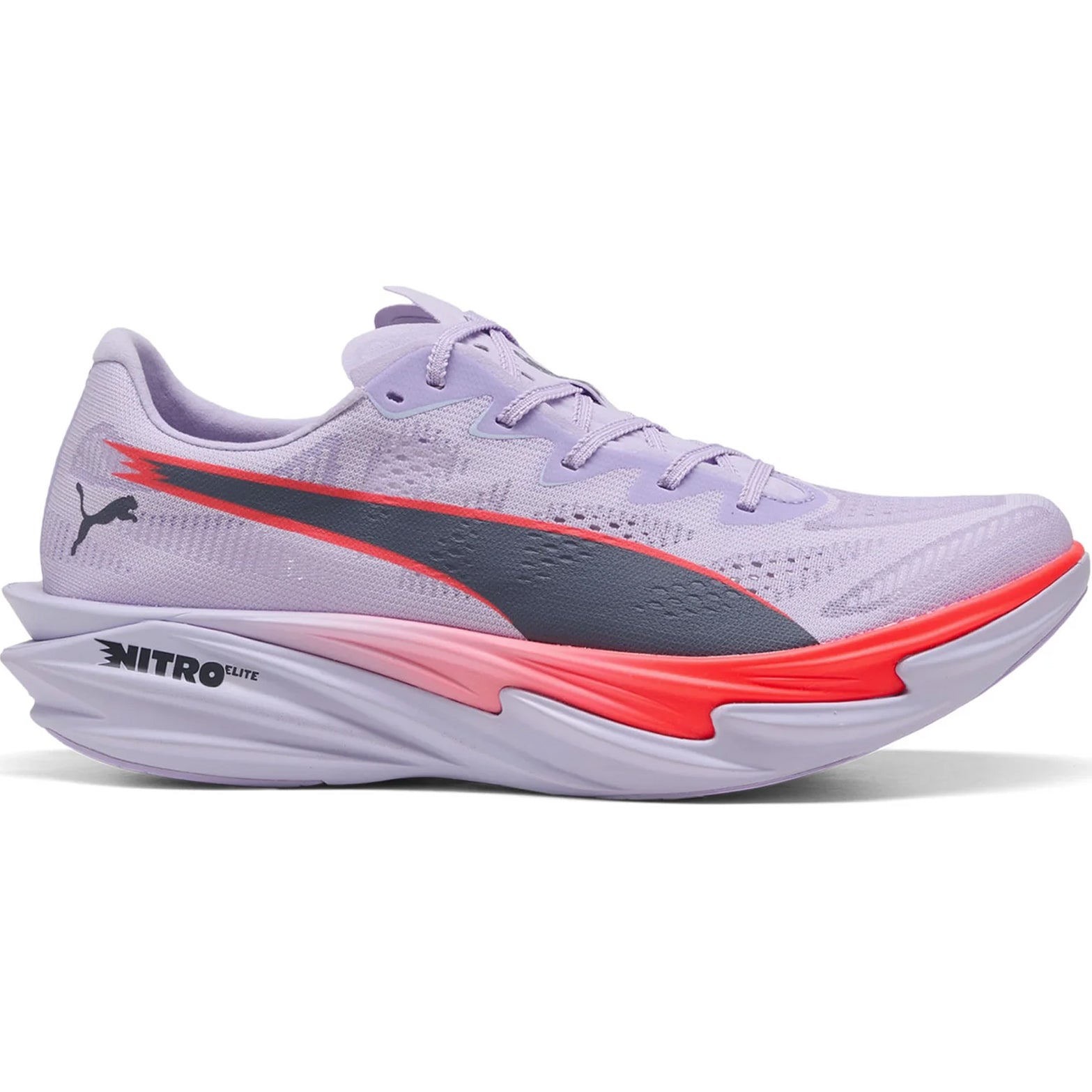 Puma Deviate NITRO Elite 4 men's running shoe in Lavender / Red / Inky Depths — outer view showing lavender ULTRAWEAVE upper with red and inky depths accent detailing and NITROFOAM™ Elite foam midsole profile with re-engineered carbon PWRPLATE