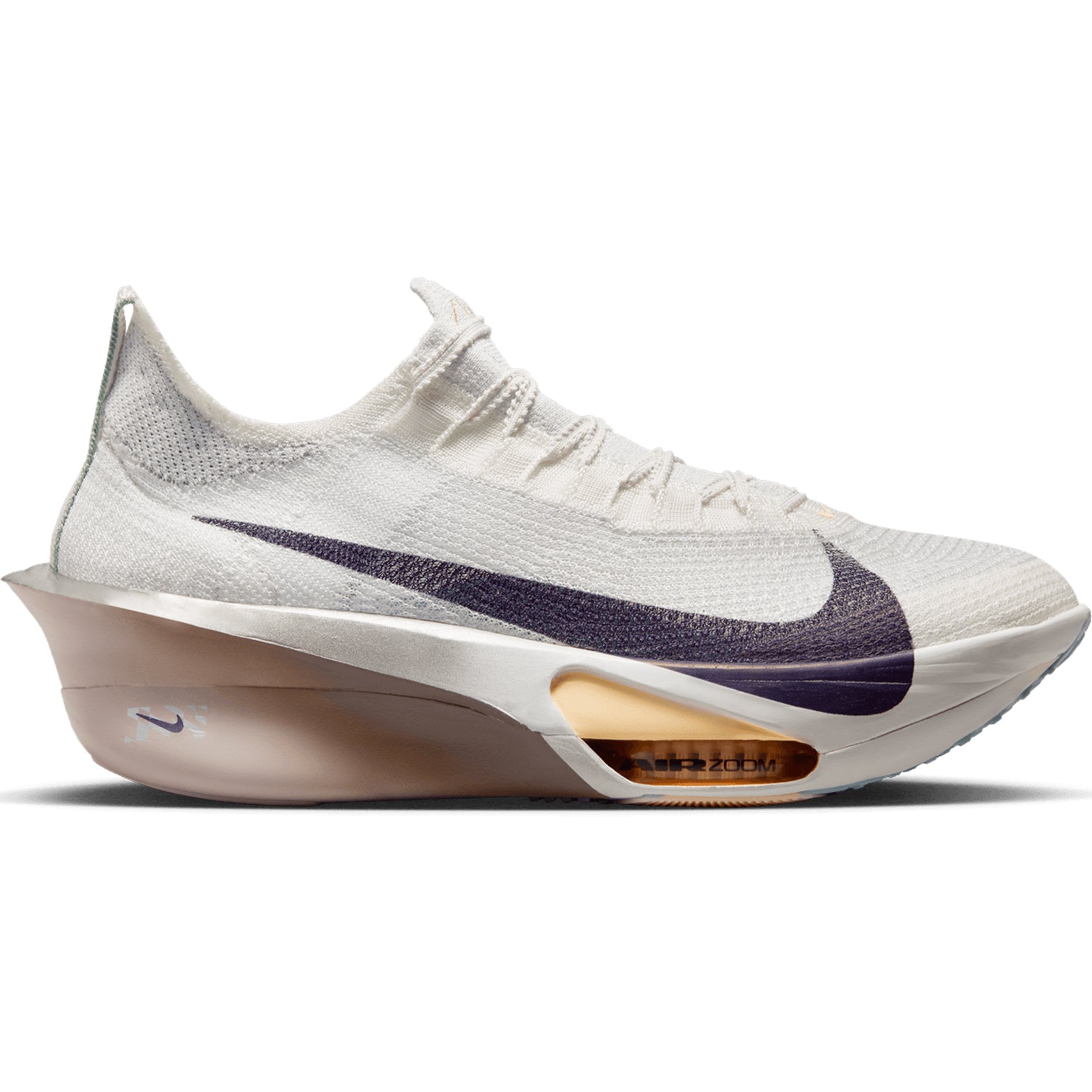 Men's Nike Alphafly 3 Running Shoes Platinum Tint Ocean Cube Purple Dynasty outer side view showing dual Air Zoom units with ZoomX foam and full-length carbon fibre plate for elite marathon racing