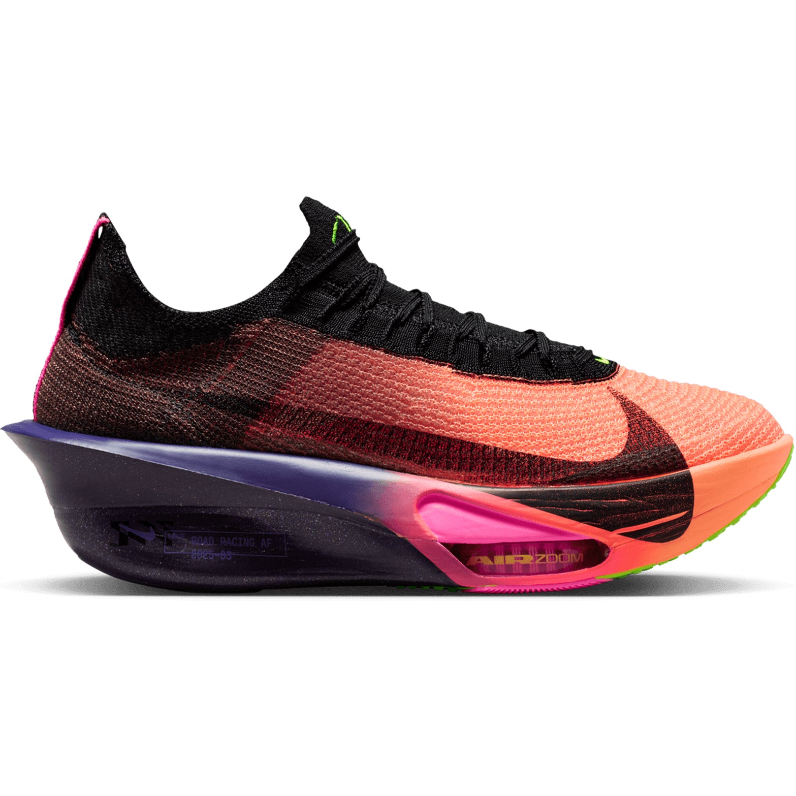 Nike Alphafly 3 GLAM men's running shoe in Orange Pulse / Purple Dynasty / Electric Green / Black — outer view showing orange pulse Atomknit upper with purple dynasty and electric green accent detailing, black contrast and dual forefoot Air Zoom ZoomX midsole profile