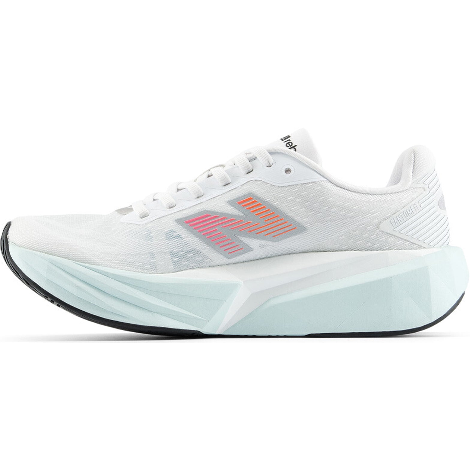 New Balance FuelCell Rebel v5 women's running shoe in White / Pink Heat / Glint Blue — inner view showing white engineered mesh upper, pink heat midsole detailing, responsive cushioning and FuelCell foam construction