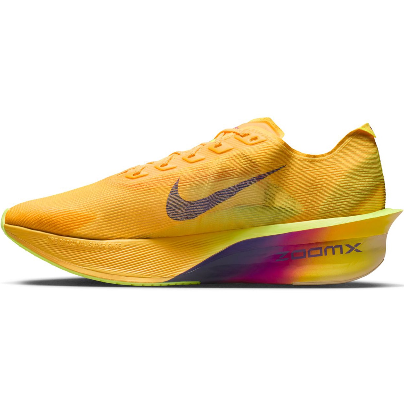 Men's Vaporfly 4 Running Shoes Citron Pulse Laser Orange Volt Ice Indigo Burst inner side view with optimised ZoomX foam and strategic midsole geometry
