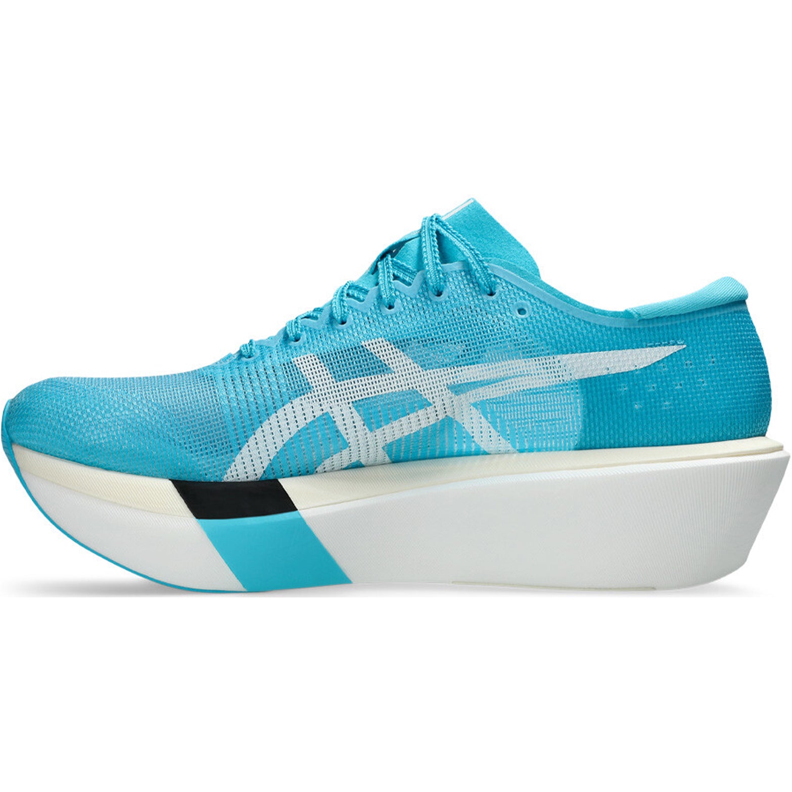 ASICS Metaspeed Sky Tokyo Running Shoes Aquarium White inner side view showing FF TURBO PLUS cushioning with FF LEAP bottom layer and strategic plate positioning for stride-style marathon running