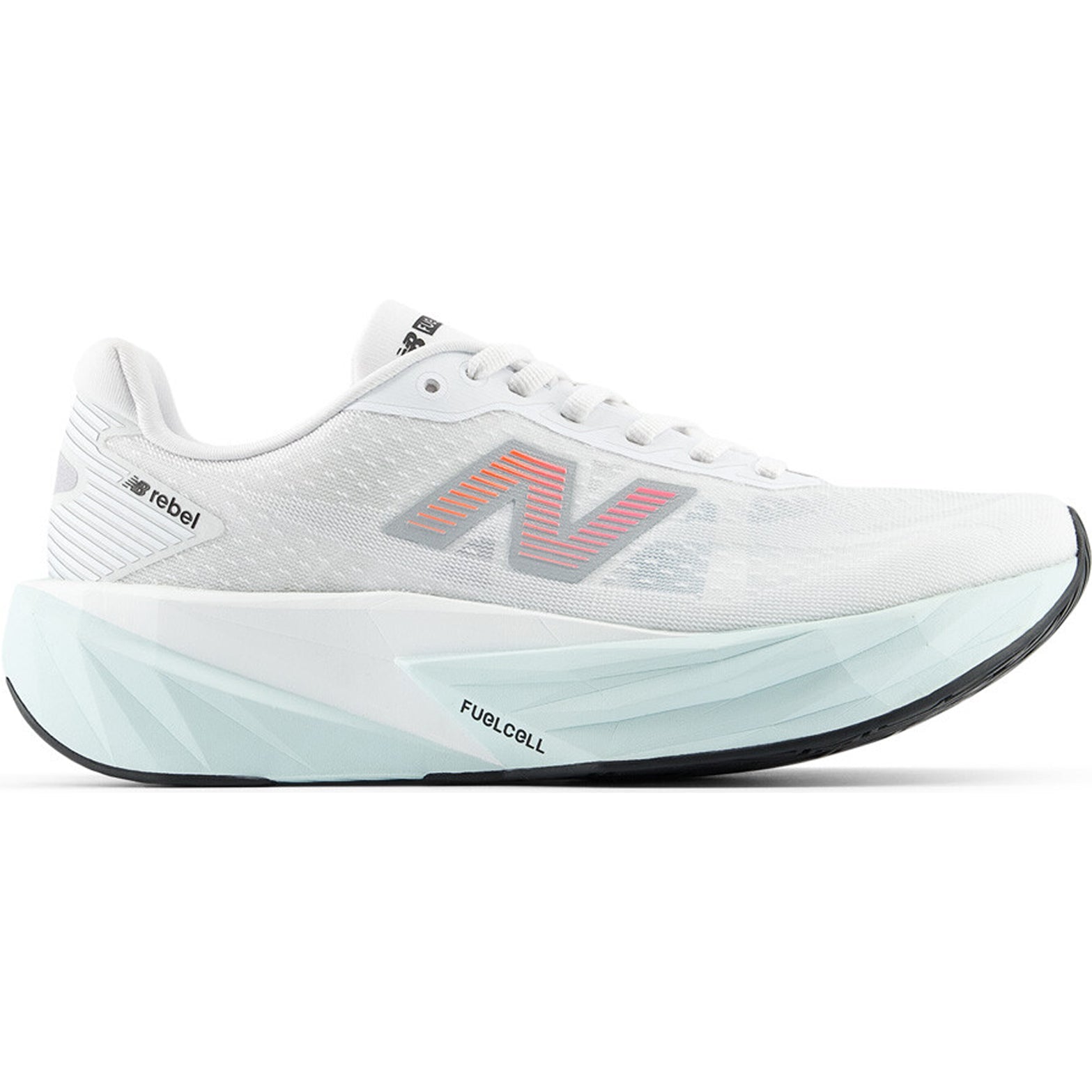 New Balance FuelCell Rebel v5 women's running shoe in White / Pink Heat / Glint Blue — outer view showing white engineered mesh upper with pink heat and glint blue accent detailing and FuelCell foam midsole profile