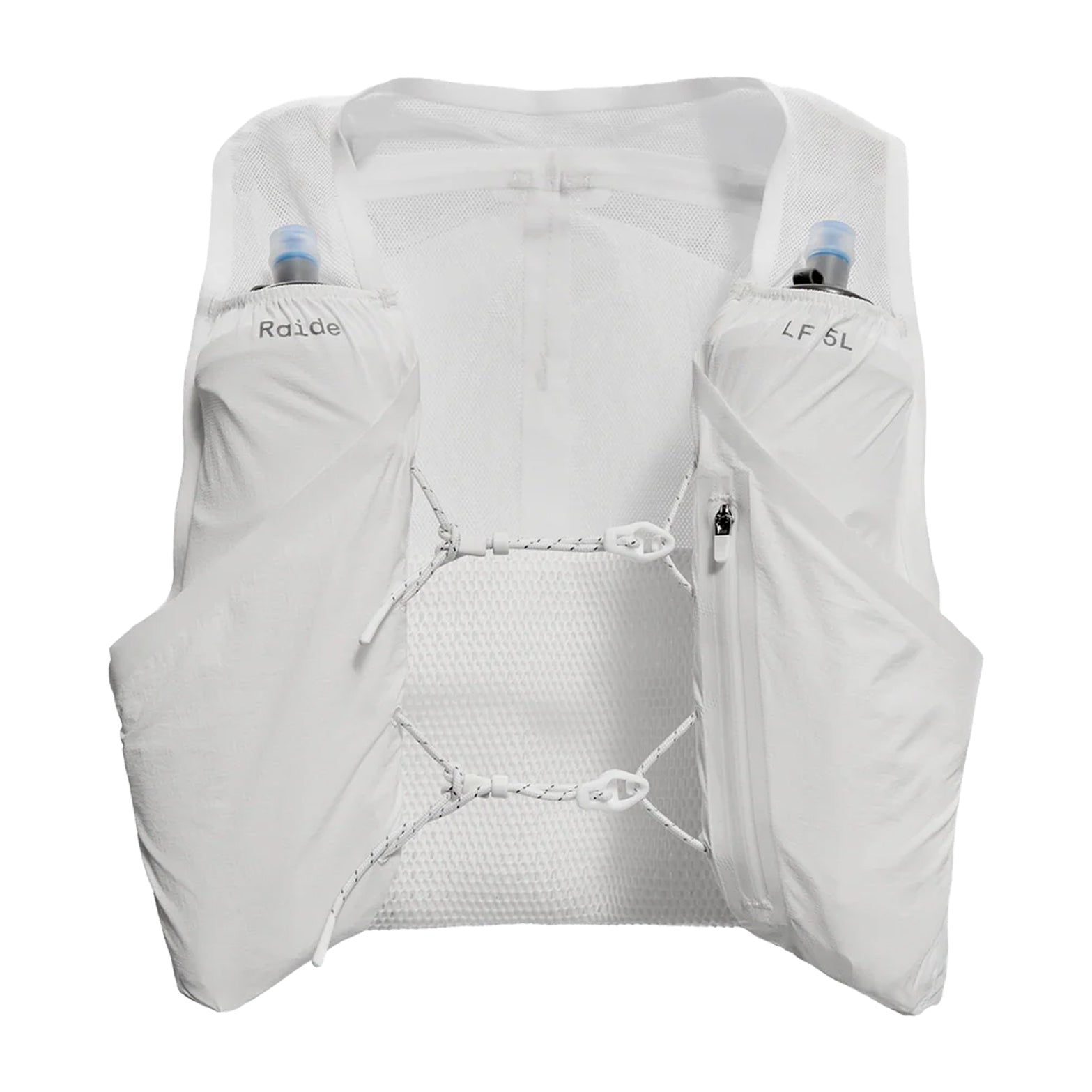 Raide LF 5L Running Vest in White — front product shot showing chest tension system, integrated pole quiver, zipped phone storage and white DyneemaⓇ mesh construction with DotAir body fabric
