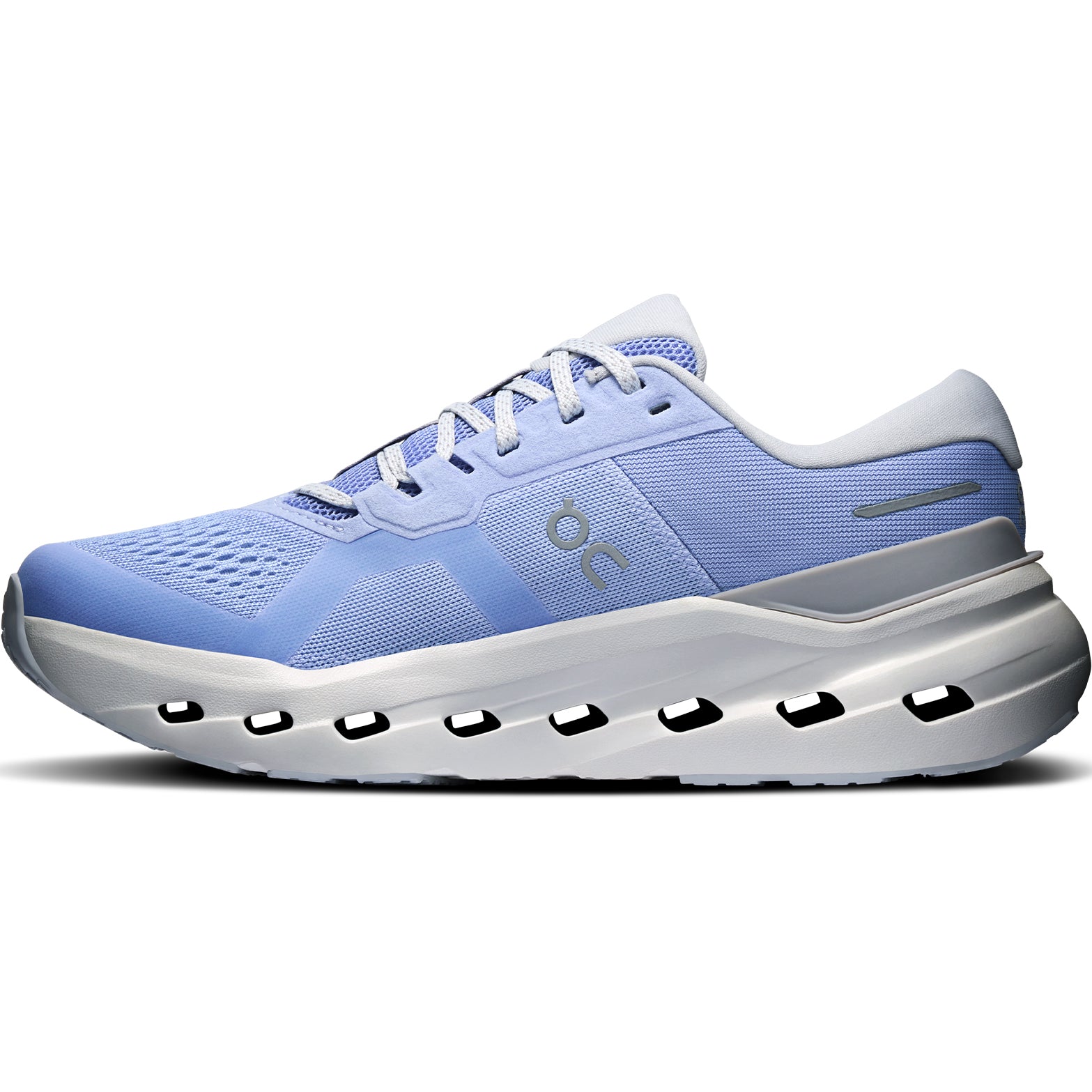 Women's On Cloudrunner 3 Running Shoes Myrtle Platinum inner side view showing Helion foam with enhanced medial support and higher sidewall cupping for targeted stability during daily training