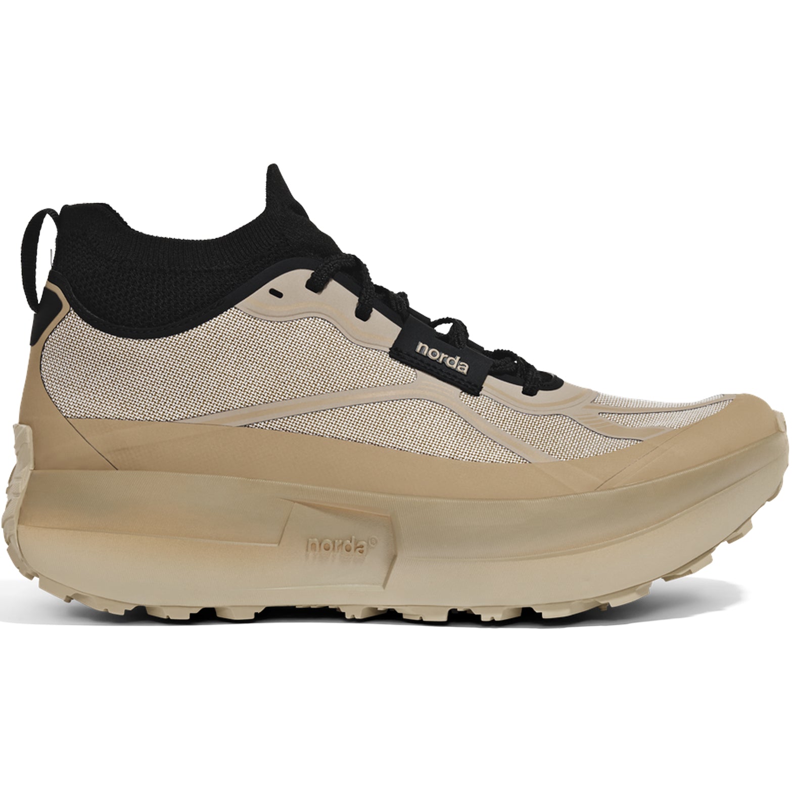 Men's norda 055 Trail Running Shoes Strato outer side view showing pure Arnitel TPEE midsole with seamless knit sock collar and Vibram Megagrip Elite outsole for ultra-distance mountain trail racing