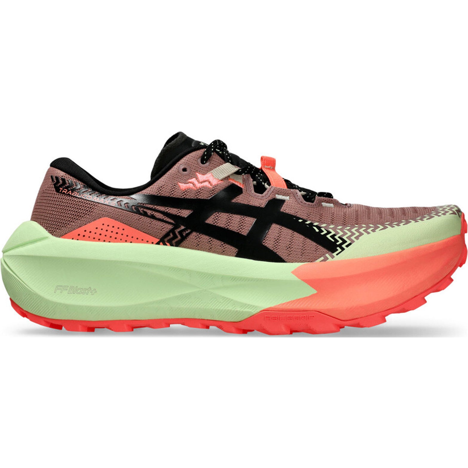 ASICS TRABUCO MAX 5 men's trail running shoe in Umeboshi / Black — outer view showing umeboshi water-repellent engineered mesh upper with black accent detailing and FF BLAST PLUS cushioning midsole profile
