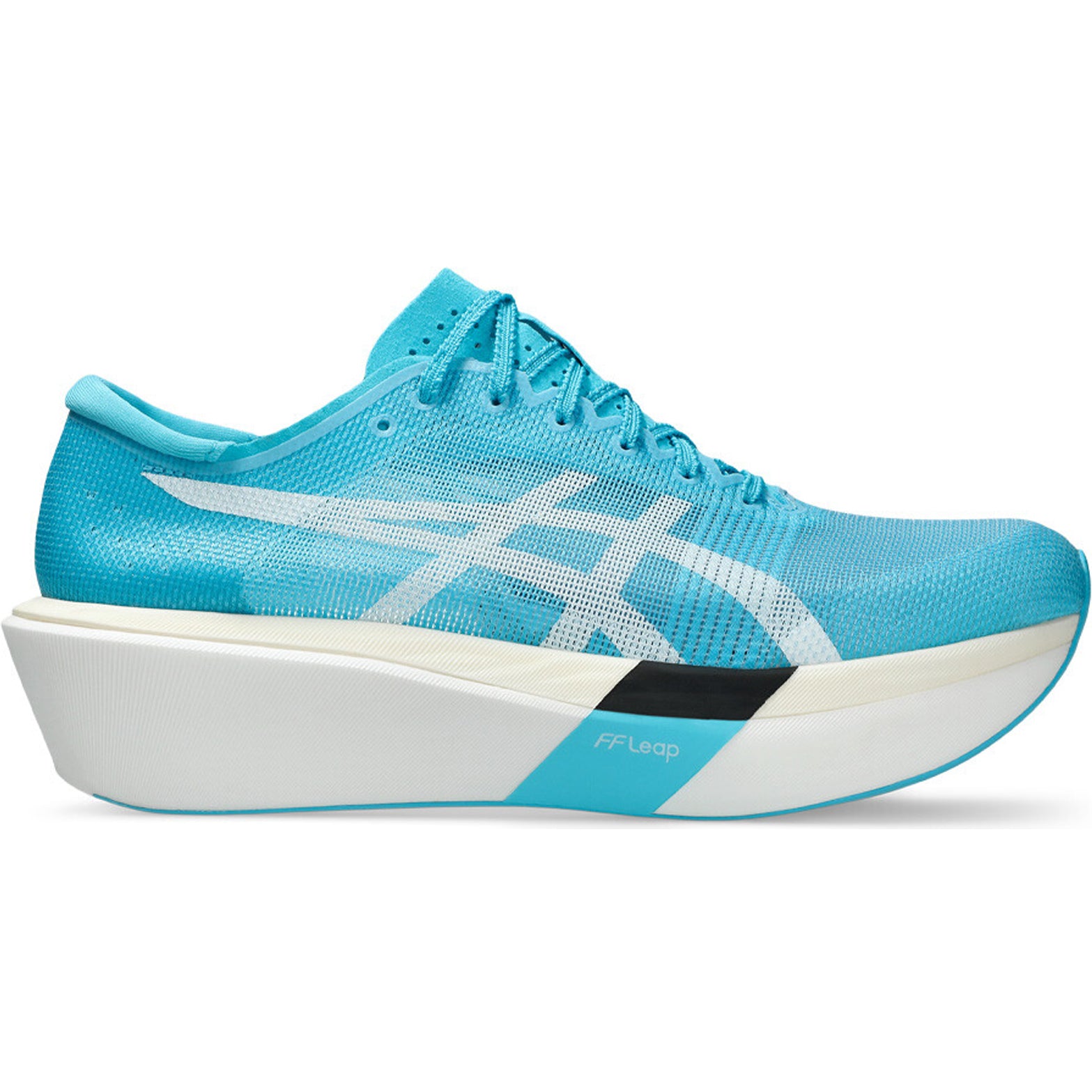 ASICS Metaspeed Sky Tokyo Running Shoes Aquarium White outer side view showing dual-layer FF LEAP and FF TURBO PLUS foam with higher plate positioning for elite marathon racing performance