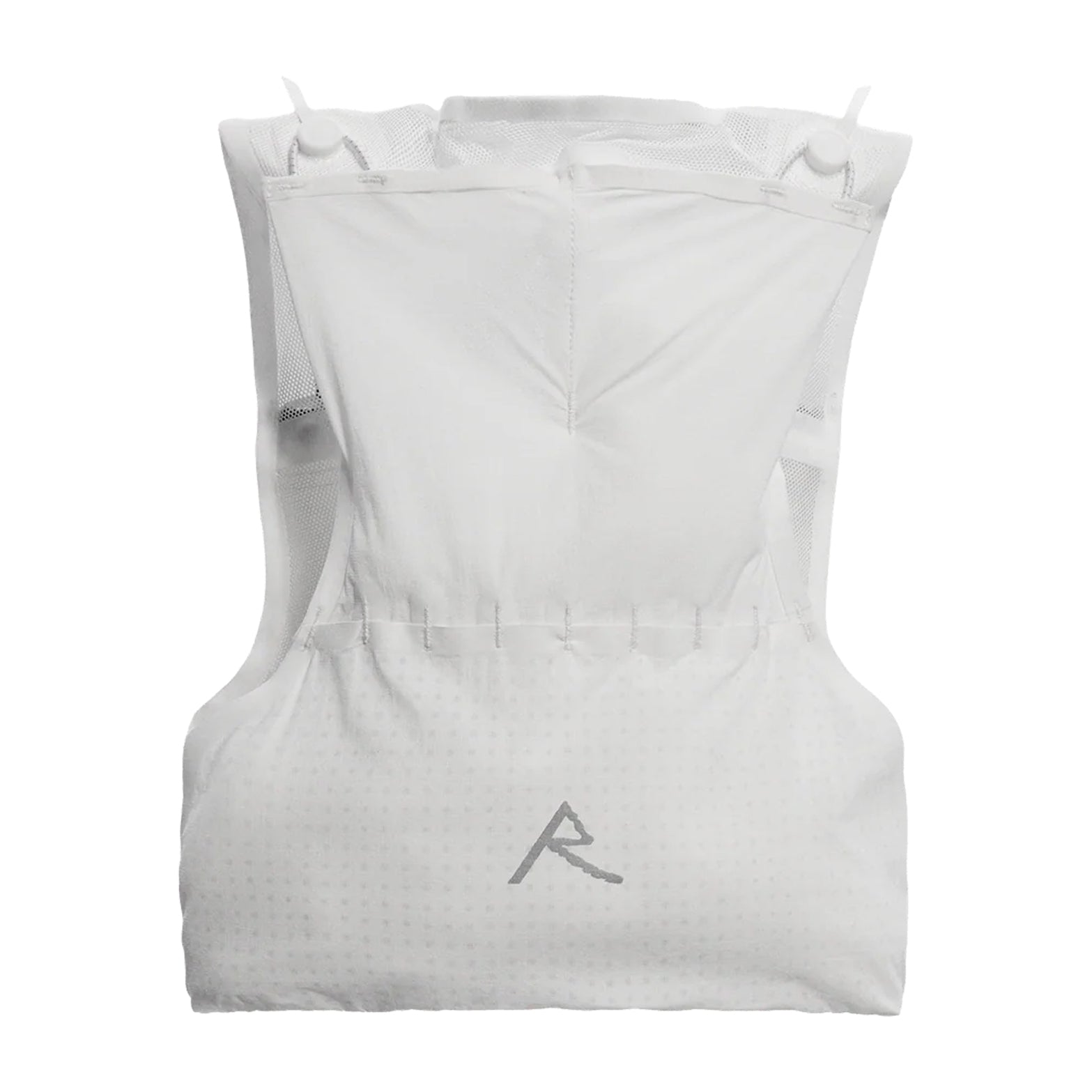 Raide LF 5L Running Vest in White — back product shot showing rear hydration carry, integrated ice tool carry with axle toggle, locking loops and rear passthrough pocket on white DyneemaⓇ mesh base construction