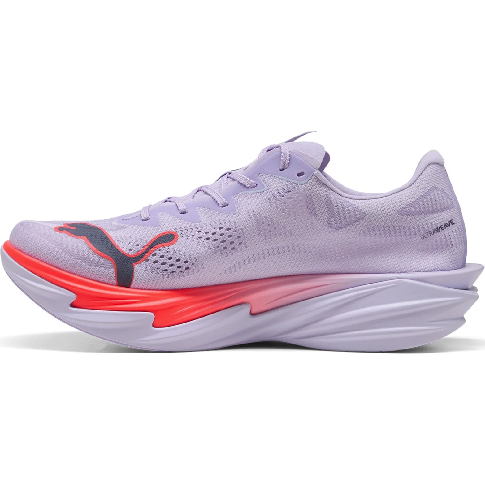 Puma Deviate NITRO Elite 4 men's running shoe in Lavender / Red / Inky Depths — inner view showing lavender ULTRAWEAVE upper, red midsole detailing, re-engineered carbon PWRPLATE and NITROFOAM™ Elite foam construction with 40mm heel stack