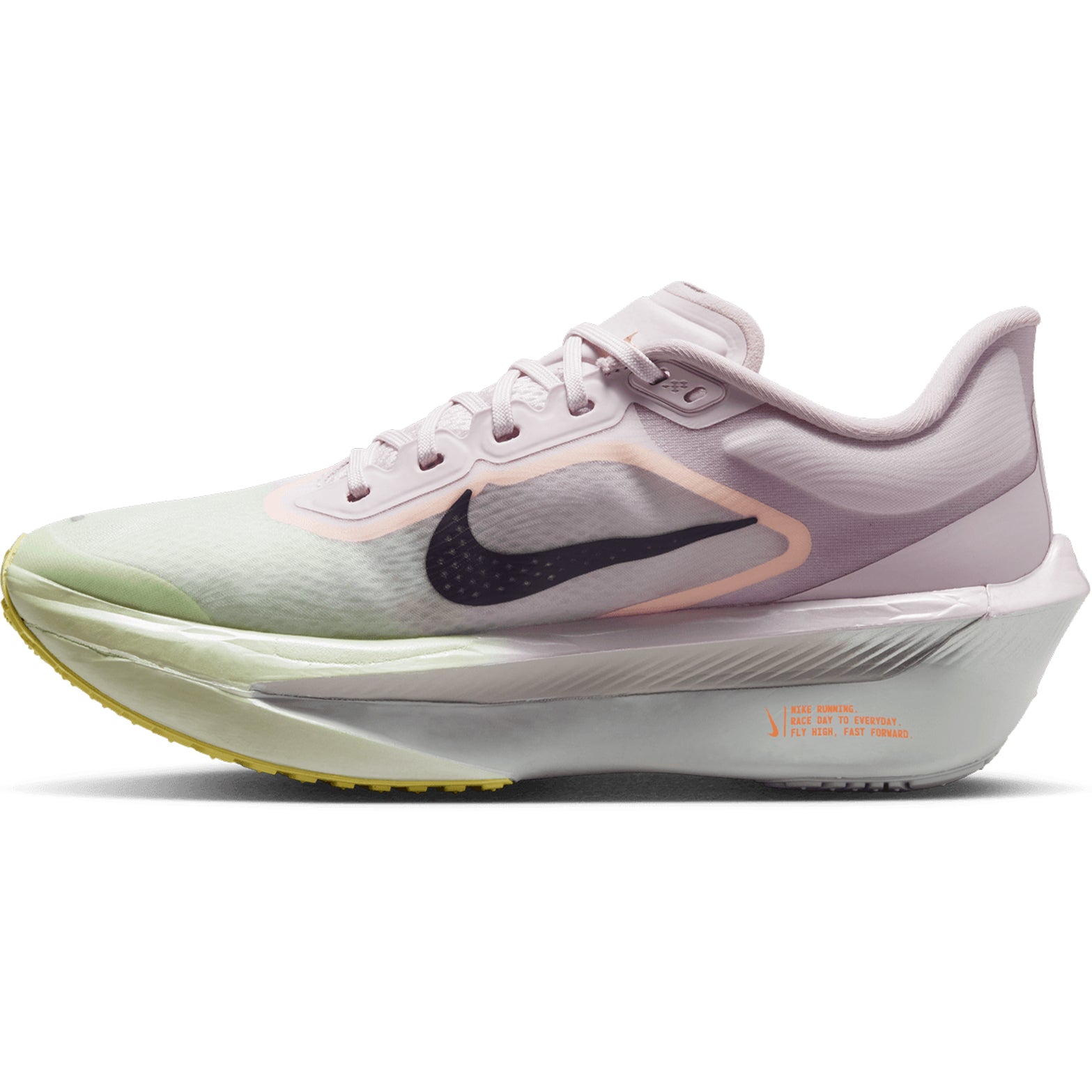 Nike Zoom Fly 6 women's running shoe in Bleached Lilac / Purple Dynasty / Volt Tint — inner view showing bleached lilac engineered mesh upper, purple dynasty midsole detailing, responsive cushioning and Zoom foam construction with carbon plate support