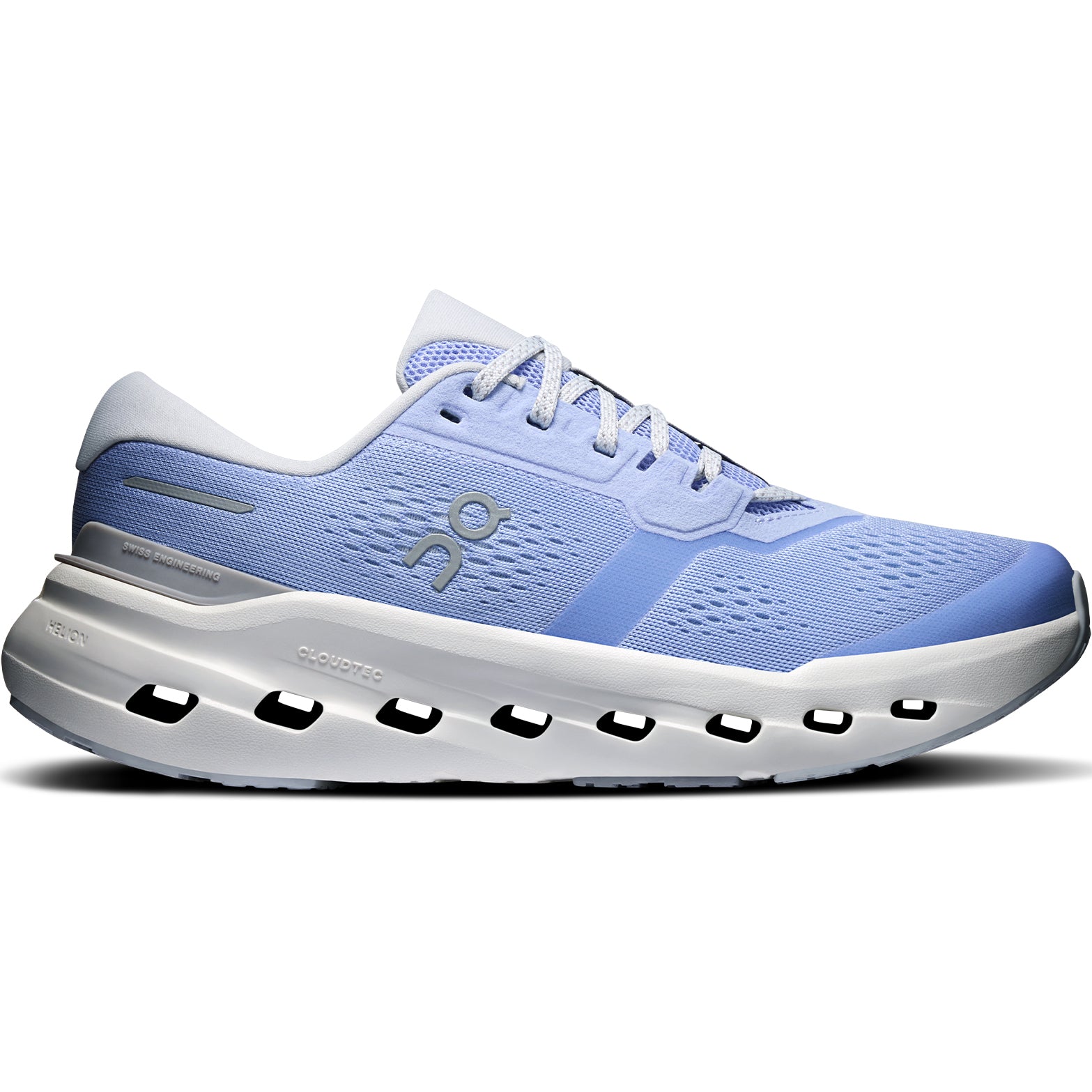 Women's On Cloudrunner 3 Running Shoes Myrtle Platinum outer side view showing CloudTec cushioning engineered for stability with asymmetrical heel clip and wide base for confident everyday road running