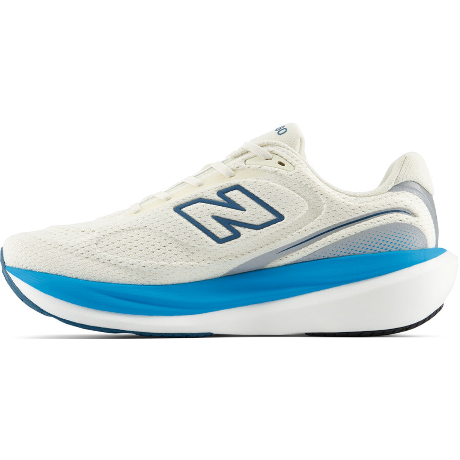 Men's New Balance 1080v15 Running Shoes Angora Altitude inner side view showing Infinion foam cushioning with rubber outsole for long-lasting performance across high-mileage daily running