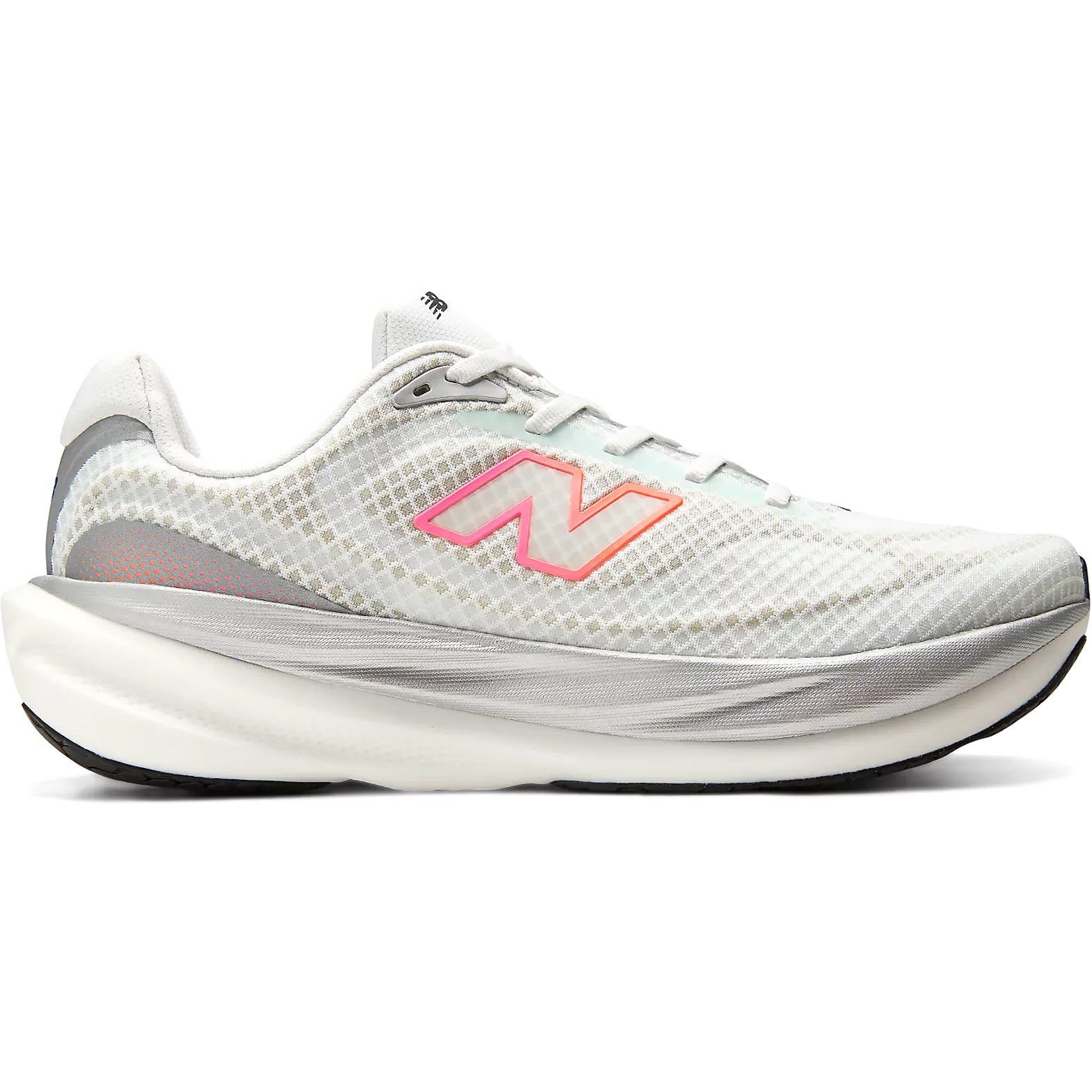 New Balance 1080v15 Breathe men's running shoe in White / Pink Heat / Tangerine Heat — outer view showing white perforated mesh upper with pink heat and tangerine heat accent detailing and Infinion midsole profile