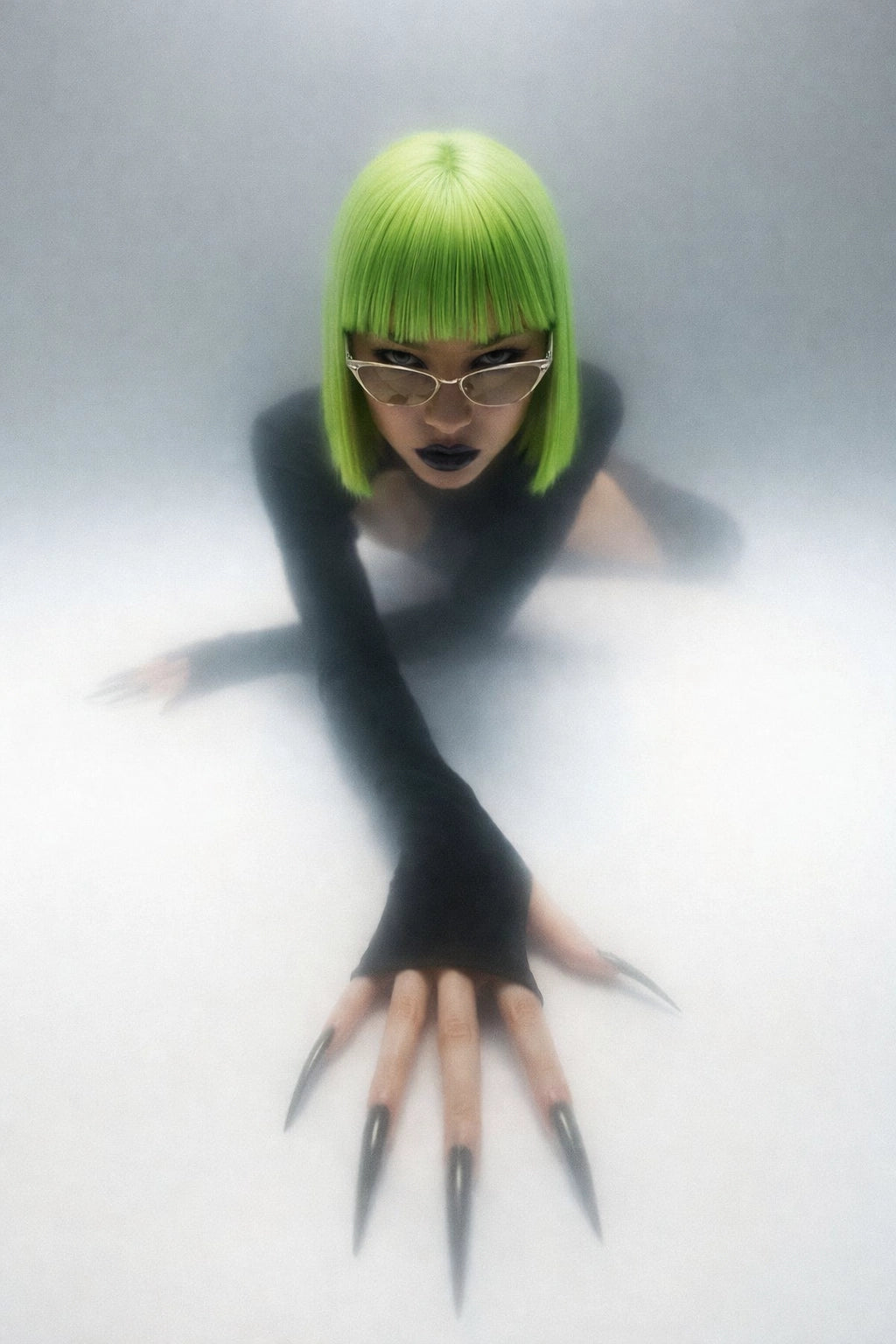 Person with green hair and black clothing peering through a translucent surface