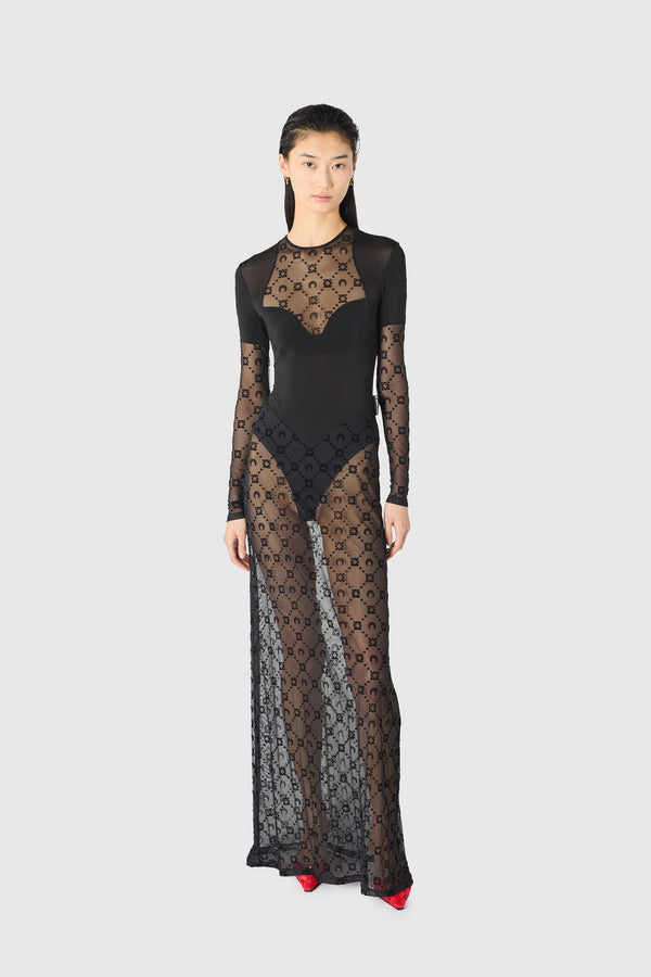 Layered jersey mesh flock long dress