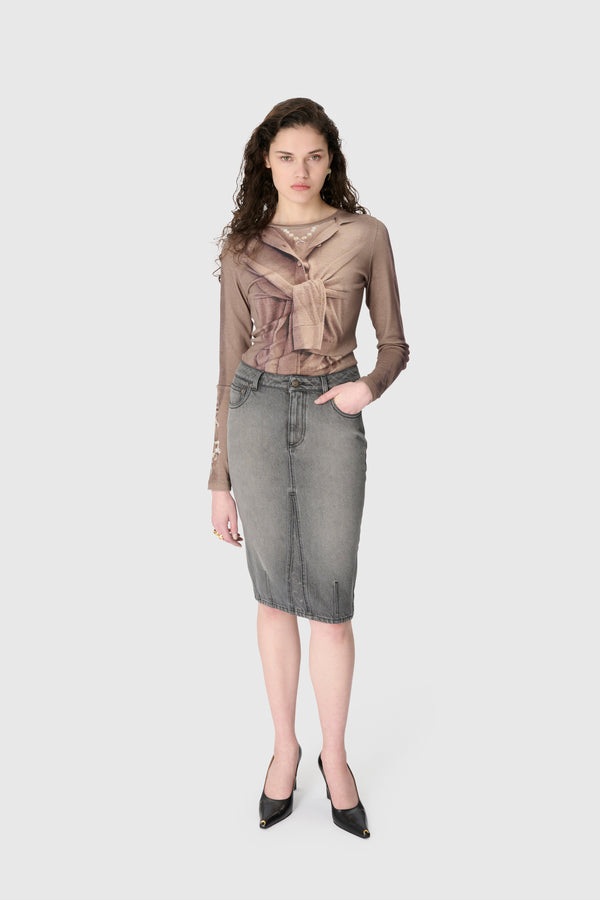 MOON LASER GREY WASH DENIM KNEE LENGTH SKIRT