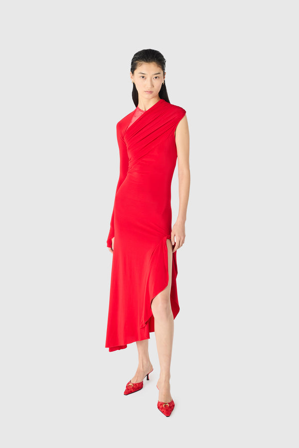 ASYMETRICAL CREPE JERSEY AND PLUMETIS LONG DRESS