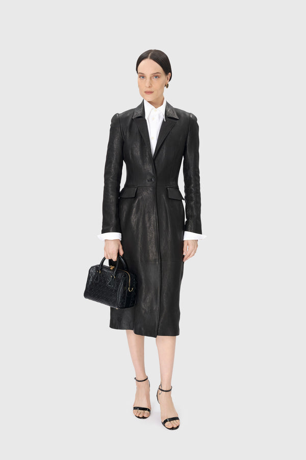 Moonogram Embossed Leather Tailored Coat
