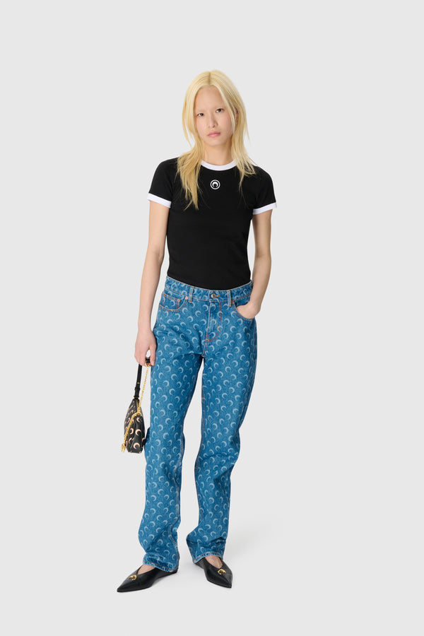 MOON LASER BLUE WASH DENIM STRAIGHT JEANS