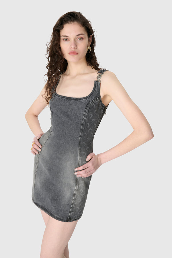 MOON LASER GREY WASH DENIM SLEEVELESS MINI DRESS