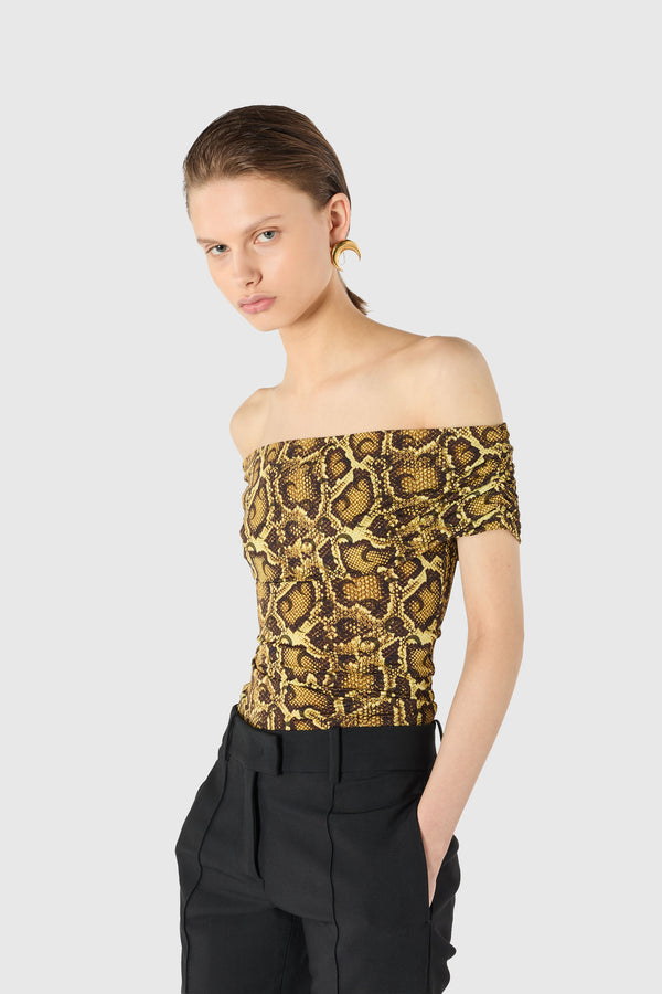 DRAPED PYTHON PRINTED JERSEY OFF SHOULDER TOP