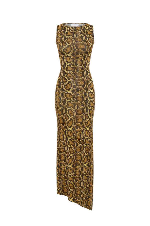 PYTHON PRINTED JERSEY ASYMETRICAL LONG DRESS
