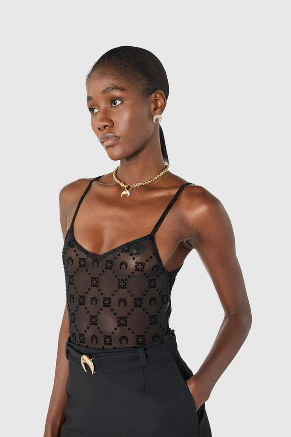 Moonogram mesh flock straps top