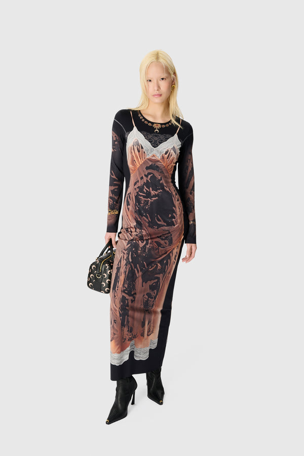 WET NUISETTE PRINTED JERSEY LS LONG DRESS