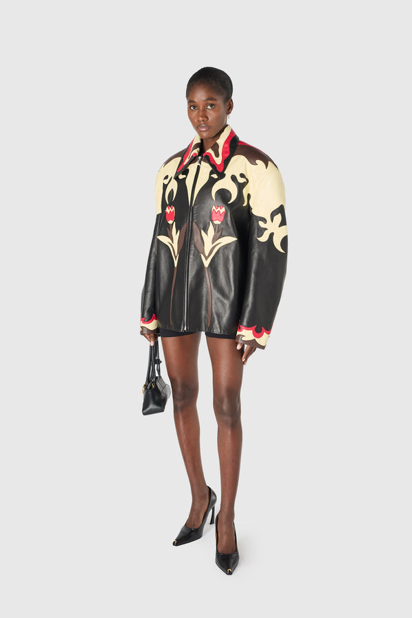 LEATHER BLOUSON WITH FLORAL PATCHES