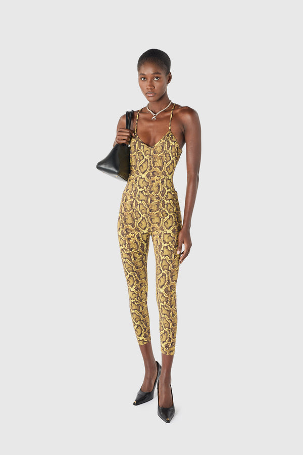 Python printed jersey fine straps catsuit