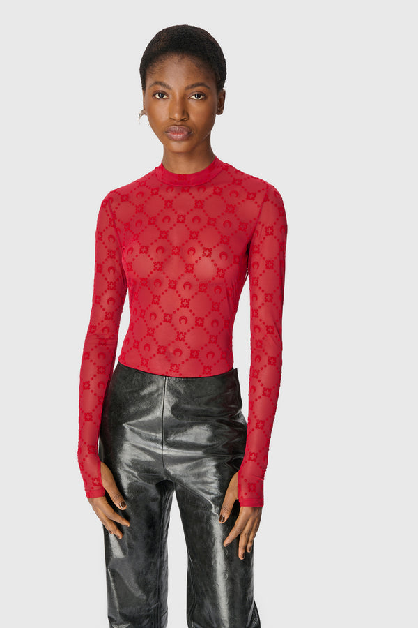 Moonogram Mesh Flock Second Skin Highneck Top