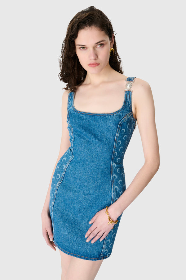 MOON LASER BLUE WASH DENIM SLEEVELESS MINI DRESS