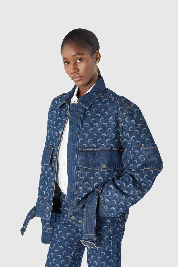 Midnight blue denim belted trucker jacket