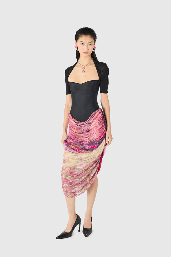 JERSEY & SILK SCARVES DRAPED MIDI DRESS