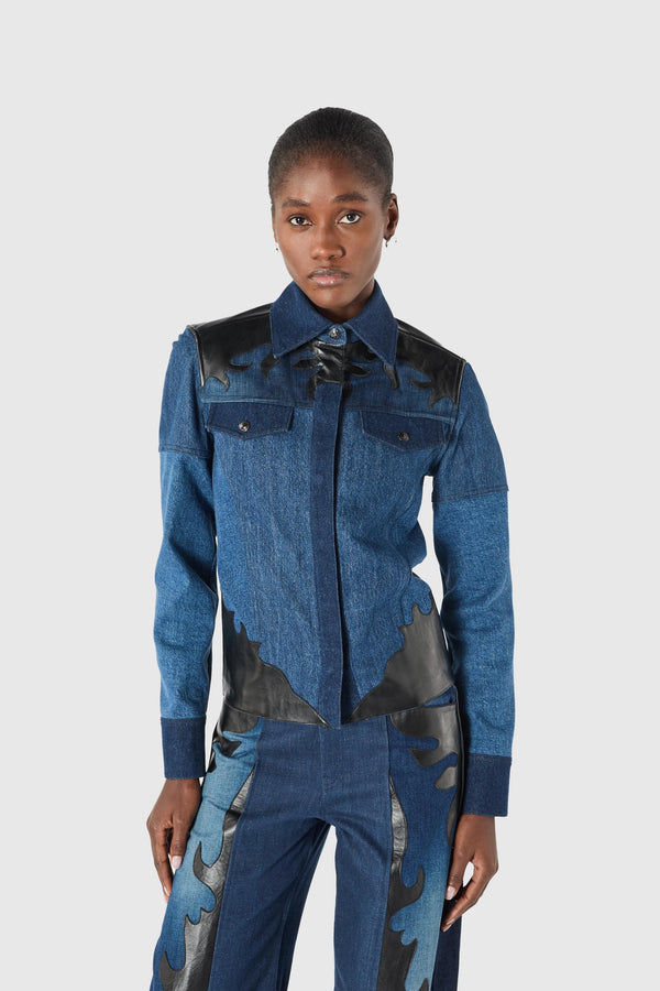 Upcycled denim trucker jacket with leather patches